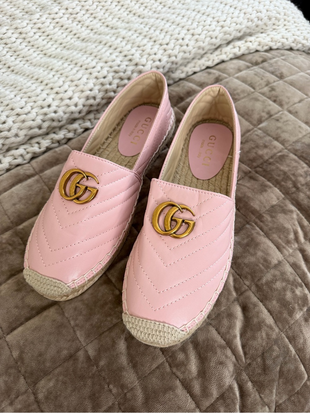 Gucci Pink Quilted Leather Espadrilles with Gold GG
